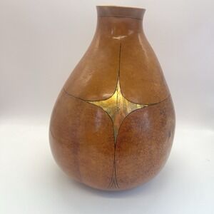 Painted Gourd Artist Signed Gene Zgoda Vase Metallic Look Cincinnati Boho